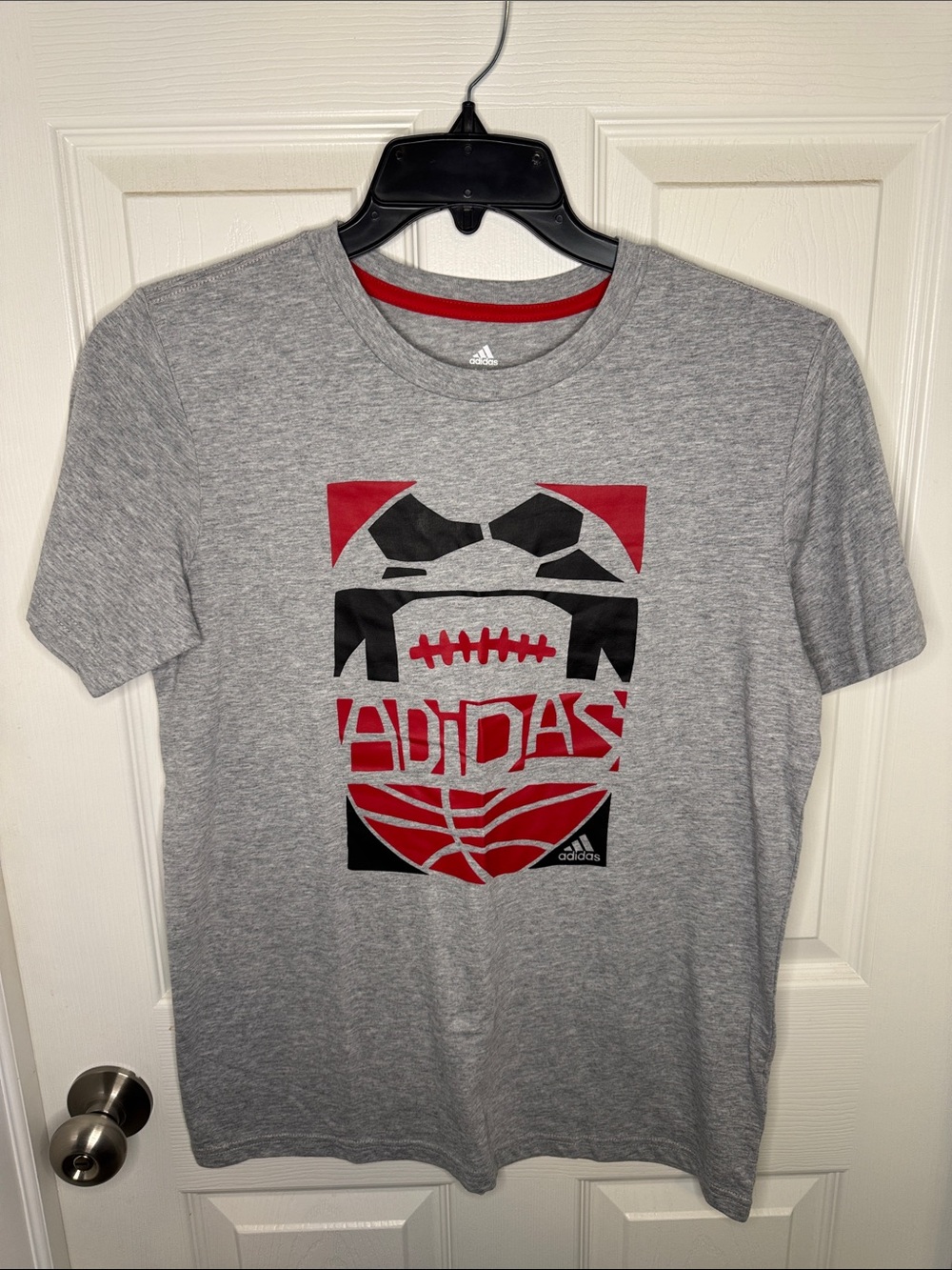 NWT Boys adidas Gray Short Sleeve Tee with Red and Black Graphic Logo